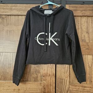 Calvin Klein M Cropped Hoodie Sweater Black White Sweatshirt Drawstrings Comfort